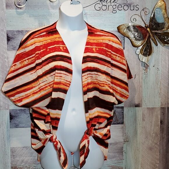Liz Claiborne Sz 3X Tribal Beat Orange Stripe Open Front Kimono Blouse New 824 - Picture 2 of 9